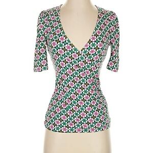 Boden Green and Pink Floral Geometric V-Neck Wrap Top